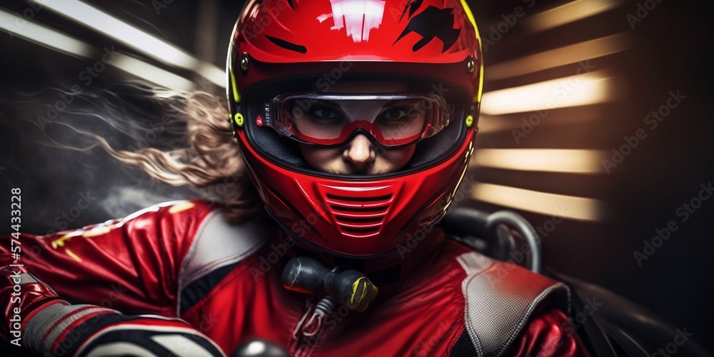 Junge sportliche Frau mit rotem Helm hat Spaß beim Rennfahren, ai generativ Junge sportliche Frau mit rotem Helm hat Spaß beim Rennfahren, ai generativ