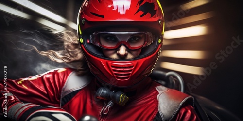 Junge sportliche Frau mit rotem Helm hat Spaß beim Rennfahren, ai generativ