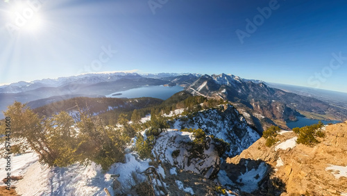 Mountain peak view to the Bavarian Walchensee and Kochelsee during blue sky landscape