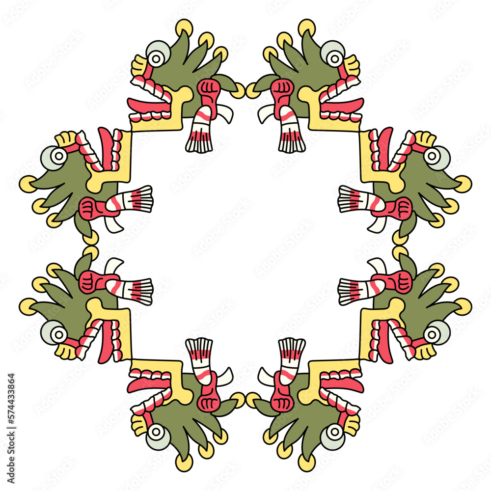 Obraz premium Geometrical ethnic frame with Aztec skulls with open mouths and tongues stick out. Native American symbol from Mexican codex. Isolated vector illustration.
