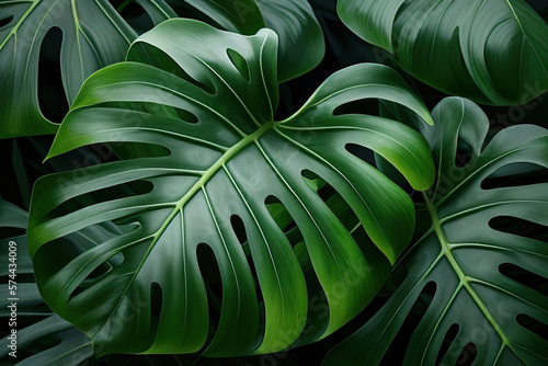 Abstract natural background. Exotic tropical leaves pattern. Creative background with monstera leaves. Jungle fauna. Created with Generative AI