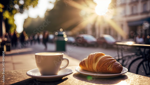 Breakfast in Paris. Enjoying croissant and cappuccino in a café in the city during a sunny day. Background blur, lens flare. Generative AI.