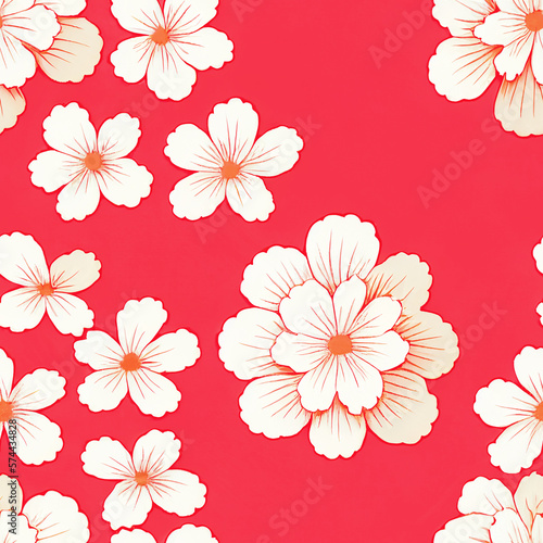 Flowers seamless pattern. Abstract floral blossom design illustration. Trendy colorful summer white flowers on red background. Modern floral tile pattern for fashion textile fabric, cloth, home decor