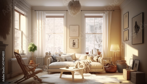 A cozy and inviting cream-colored living room with Flokati furniture and warm glowing window light © Kaare
