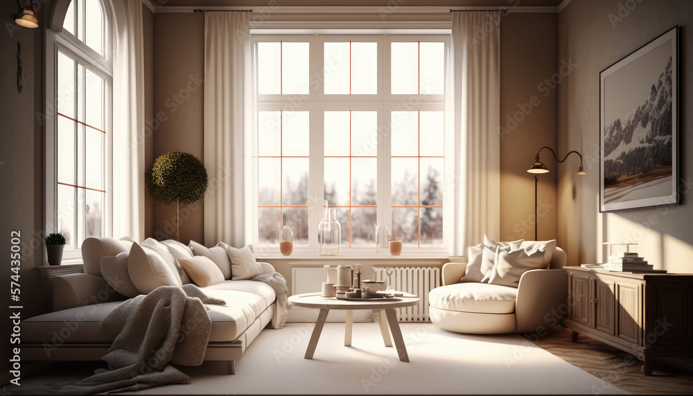 A cozy and inviting cream-colored living room with Flokati furniture and warm glowing window light