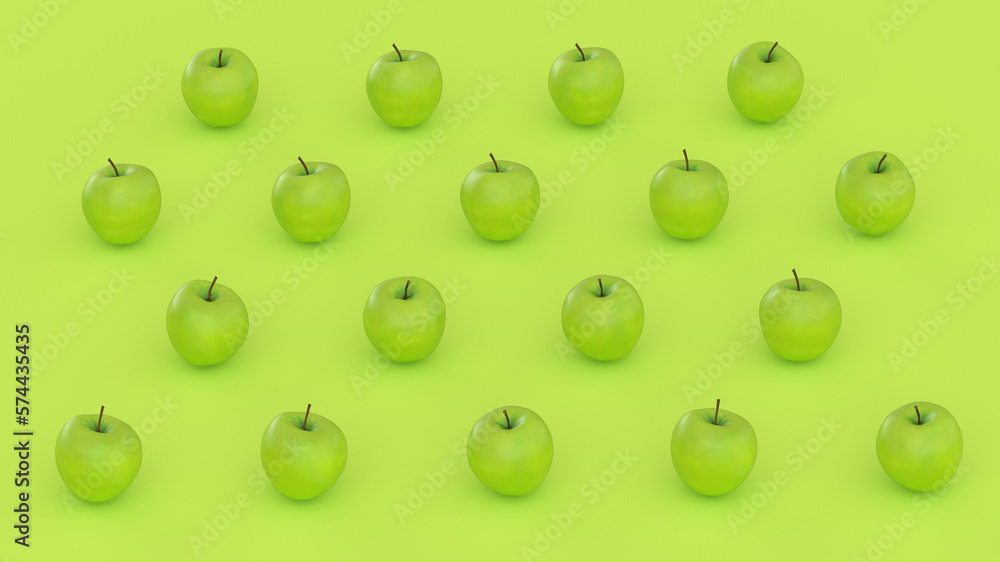 Set of green apples arranged in grid pattern on green background Set of green apples arranged in grid pattern on green background