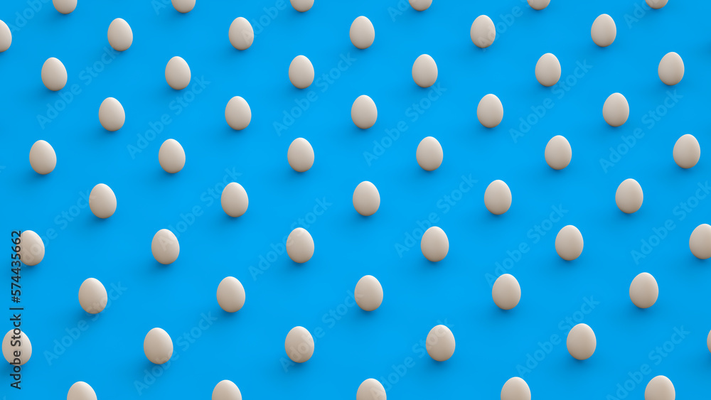 white eggs arranged in grid pattern, egg grid, grid of egg on blue background - 3d illustration, 3d rendering 