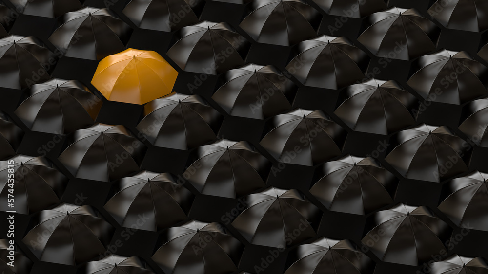 Fototapeta premium Yellow umbrella among dark ones. be different, standing out from crowd, individuality and difference concept - 3d illustration, 3d rendering