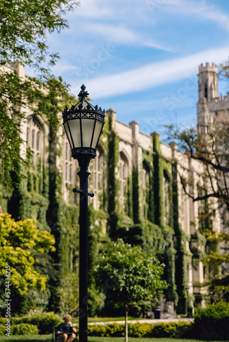 University of Chicago scene with beautiful old street light against old building on sunny blue sky day