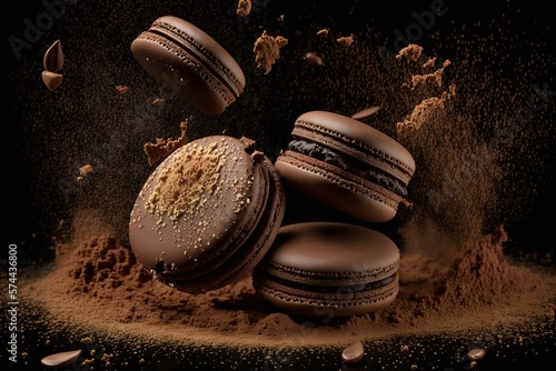 chocolate delicious macaroons on a black background. food levitation. macarons. Generative Ai © inna717