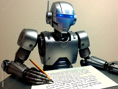 A creative robot thinking about what to write on piece of paper, generative ai