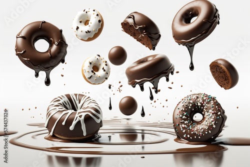 Lots of chocolate falling donuts on a white background. donut levitation. Generative Ai