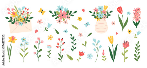 Set of flowers and floral elements isolated on a white background. Wedding concept with flowers. Floral poster, invite. Vector compositions for greeting card or invitation design.