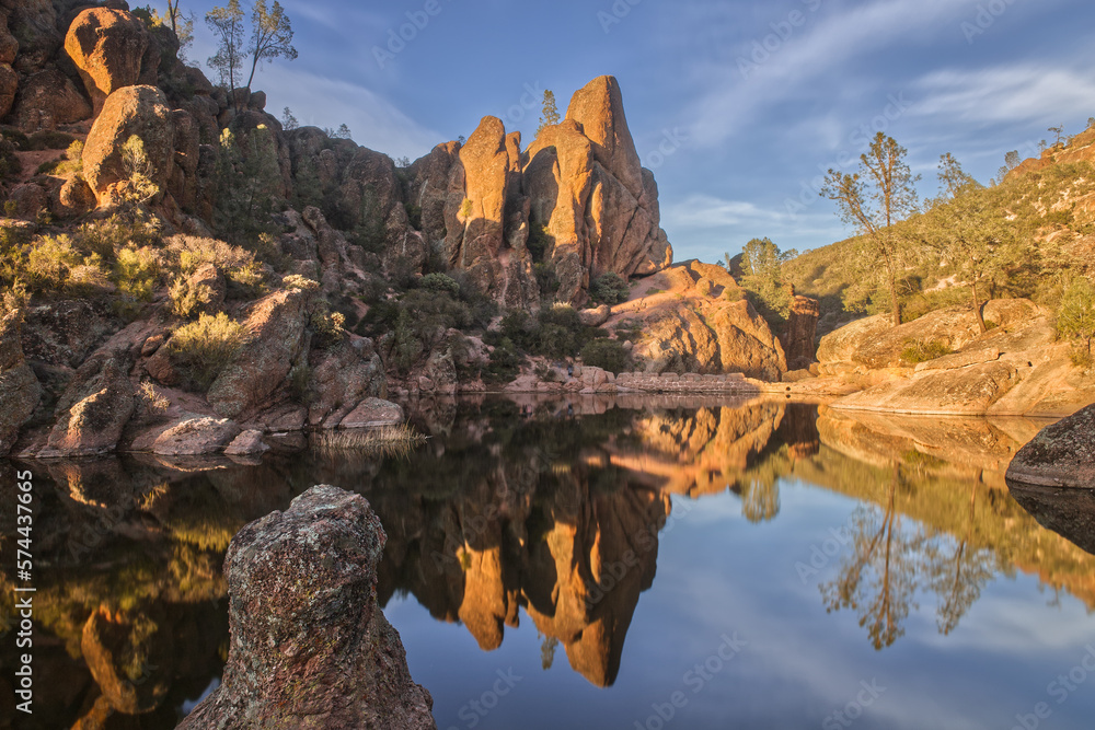Pinnacles National Park Rock Formations Reflected in Bear Gulch Reservoir During Golden Hour