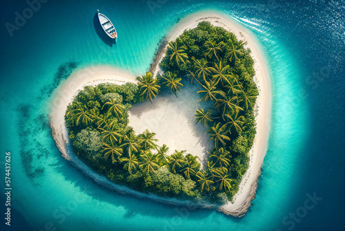 romantic heart shaped love island in the ocean with white sand beach and palm trees. top view. generative AI