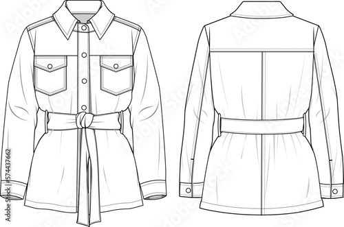 Women's Denim Belted Blazer Jacket- Technical fashion illustration. Front and back, white colour. Unisex CAD mock-up.