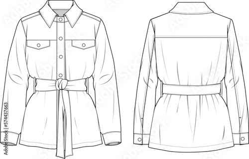 Women's Denim Belted Blazer Jacket- Technical fashion illustration. Front and back, white colour. Unisex CAD mock-up.