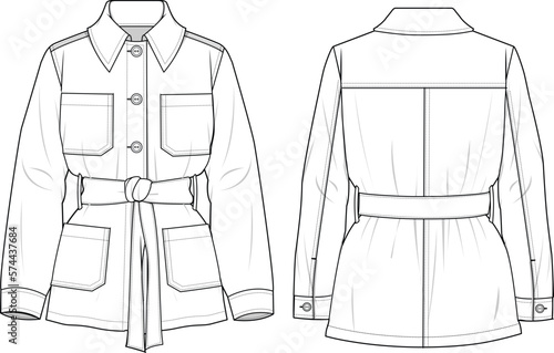 Women's Denim Belted Blazer Jacket- Technical fashion illustration. Front and back, white colour. Unisex CAD mock-up.