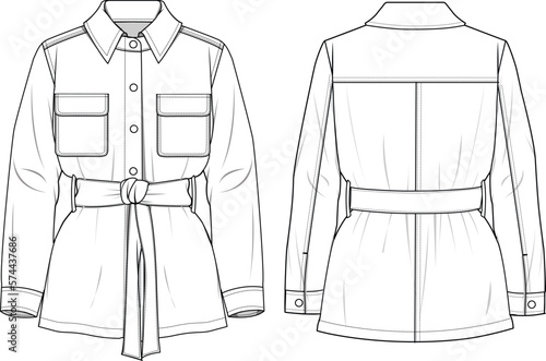 Women's Denim Belted Blazer Jacket-Technical fashion illustration. Front and back, white colour. Unisex CAD mock-up.
