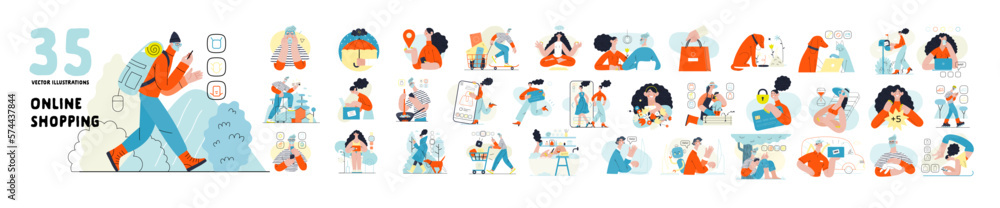 Online shopping and electronic commerce illustrations set - modern flat vector concept illustration of people and objects on online shopping. Promotion, discounts, sale and online orders concept