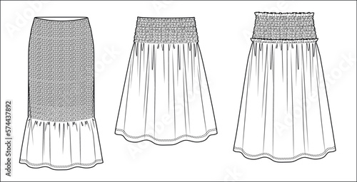 Vector smocked maxi skirt fashion CAD, woman flared skirt with gathering technical drawing, template, flat, sketch. 3 pieces set of jersey or woven fabric skirt with front, back view, white color