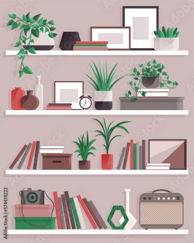 Book shelves with colorful objects. Cartoon design style bookshelves with different potted plants boxes and books. Home library on wall. Hanging shelf with decorations. Office or home furniture