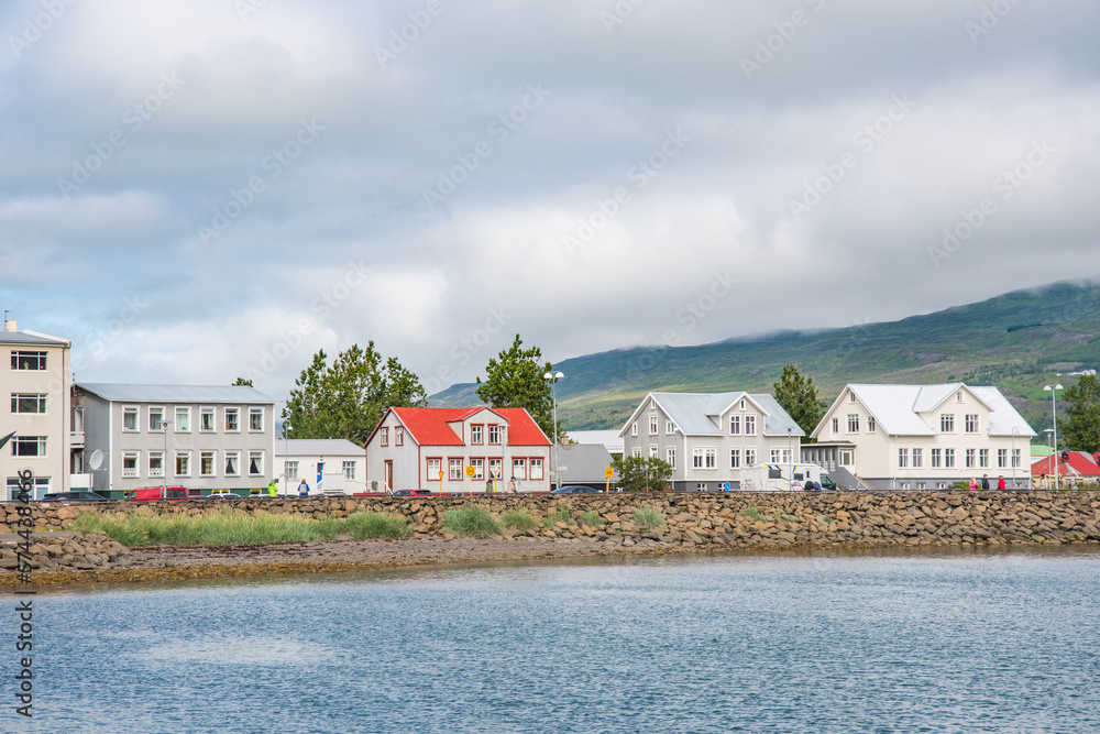 Coastline of town of Akureyri in Iceland