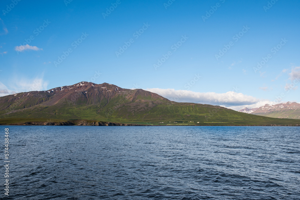 Krossahnjukur mountain and arskogsstrond coast on a sunny summer day in north Iceland