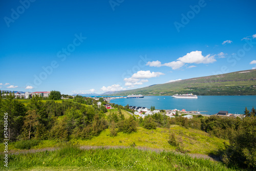 Coastline of town of Akureyri in Iceland