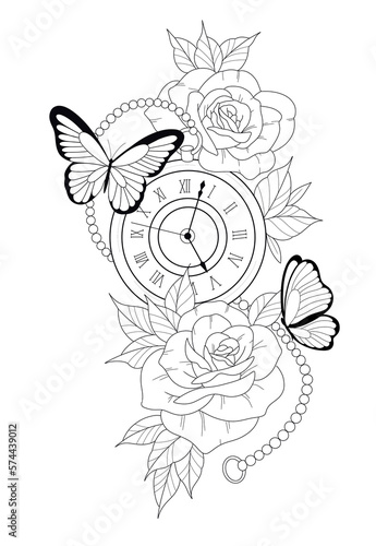 clock,  butterfly, flowers, tattoo design 