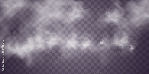 Abstract gas on transparent background, vapor machine steam or explosion dust, dry ice effect, condensation, fume.  Special effect of steam, smoke, fog, clouds. Vector illustration.	