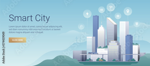 Clean modern illustration of a smart city. Innovative technologies for saving the planet. City landscape with infographic elements. Website template.