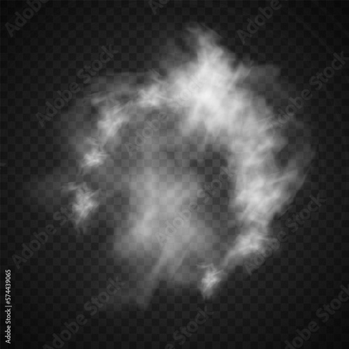 Сloud of smoke or fog isolated transparent special effect. Texture of steam or smoke for your design. White cloudiness, mist smog background. 3D realistic white foggy vapor. Vector illustration.	