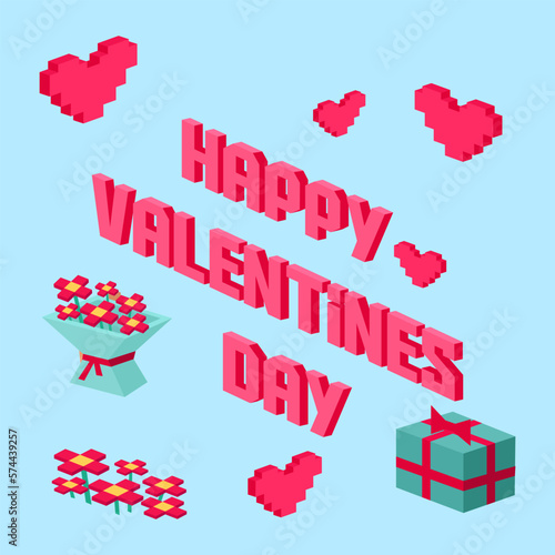 Happy Valentine day pixelated vector banner. Gifts for boyfriend and bouquet for girlfriend wife and husband. Love isometric concept wallpaper, card. 14 february. Love, honesty, romantic, relationship