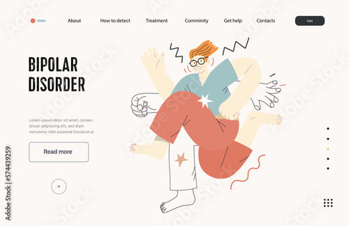Mental disorders web template. Bipolar disorder - modern flat vector illustration of a man meeting with a mental disease, hyperactivity. People emotional, psychological, mental traumas concept