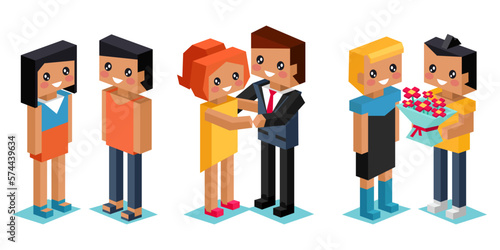 Pixel art couple in love staying together, vector illustration isolated pixelated people, man and woman lovers. Young loving romantic couple in relationship, romance, happy husband and wife set