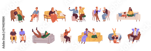 Happy smiling people sitting on sofas and chairs set. Happiness emotions. Funny laughing man and woman showing positive gestures. Happy male and female different lucky characters with pets at home