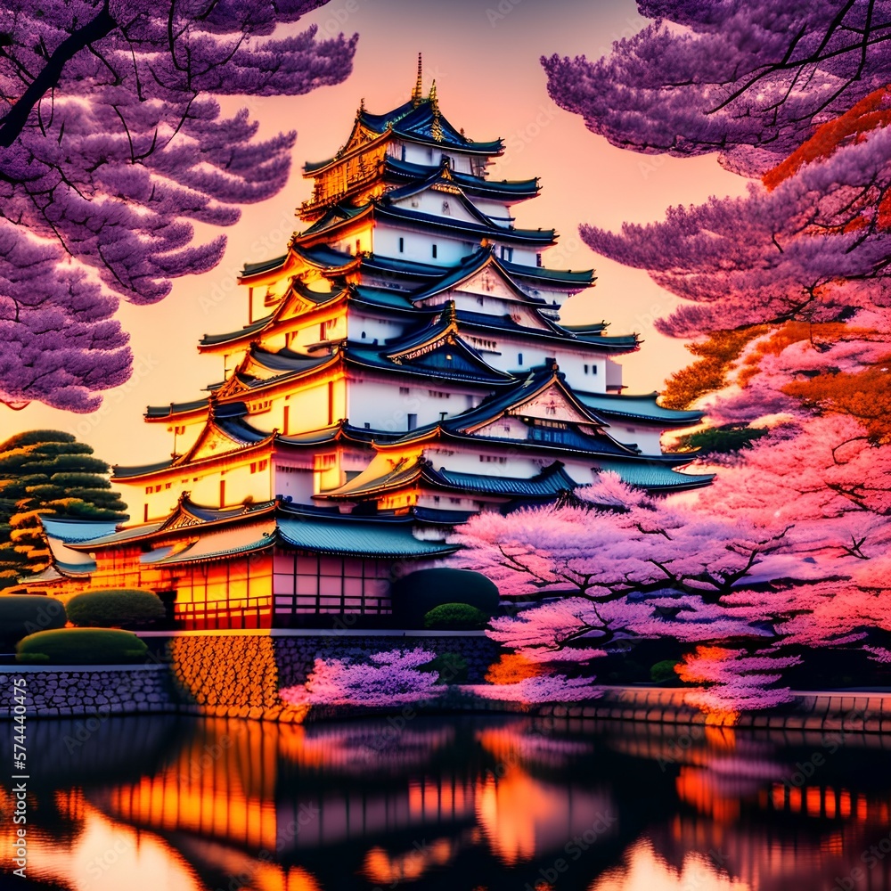 at sunset, beautiful Japanese temple cherry blossom trees, sakura season, autumn - generative ai