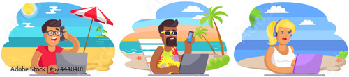 Set of characters using laptop on ocean beach shore. Business people tourist working during summer vacation. Multitasking, owerworking and freelance concept. Freelancer with computer at sea resort