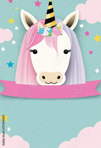 Unicorn theme birthday party invite. Blank template. Generative ai