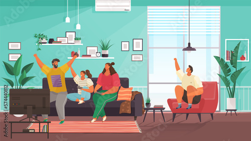 Family spending leisure time together. Mother, father, daughter and son playing board game at living room. Stay at home with children. Parenting and daycare. Happy smiling family members at cozy home