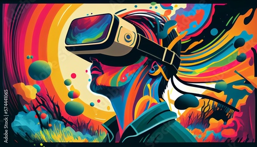 An illustration of a virtual reality headset with a person wearing it  immersed in a colorful  digital world AI Generated