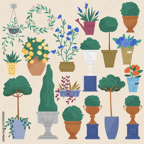 Vector set of outdoor potted plants bushes, trees, flowers. Isolated garden design elements. Flowers, blossoms or trees growing in flowerpots, Street vases and pots. Decorative landscaping plants
