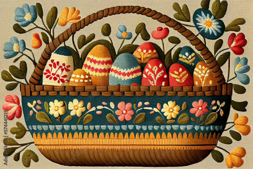 Easter Celebration Swedish Embroidery of Decorated Eggs in Basket. generative ai
