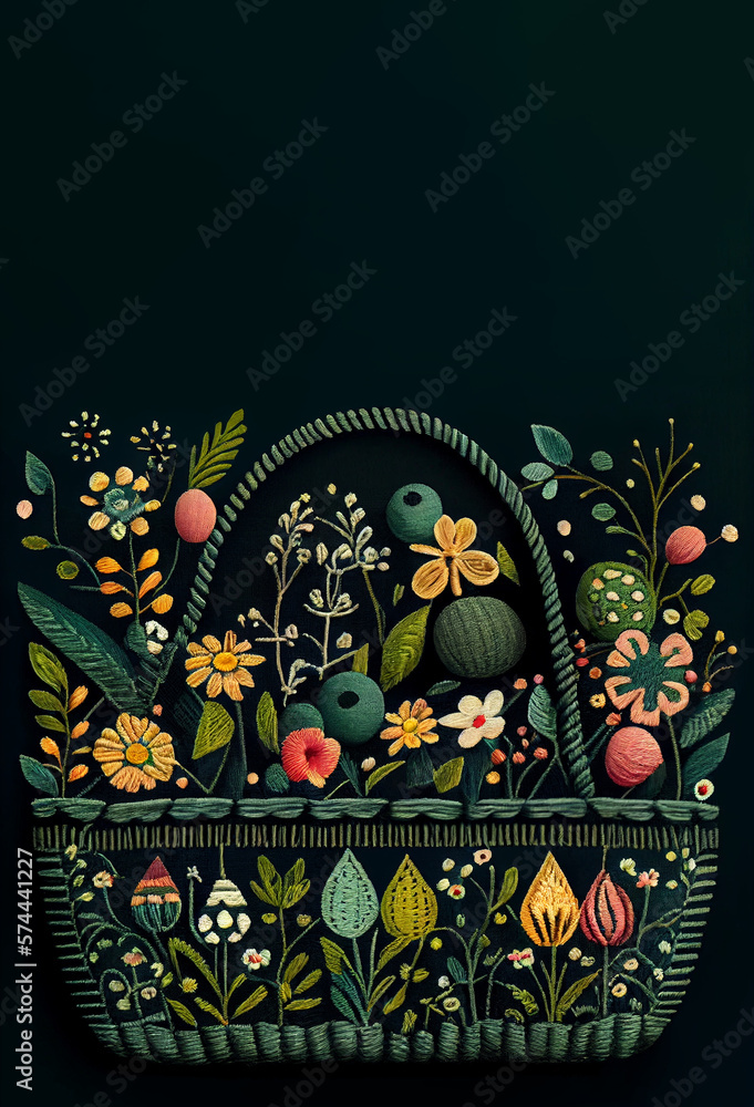 Obraz premium Easter Celebration Swedish Embroidery of Decorated Eggs in Basket. generative ai