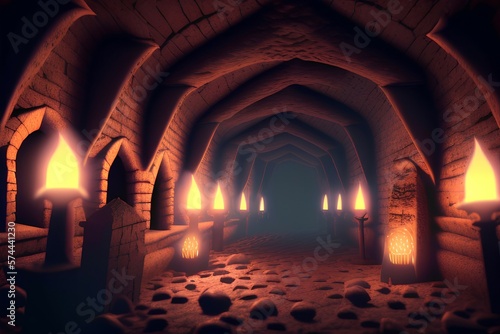 Scary endless medieval catacombs with torches. Mystical nightmare concept. 3D rendering - generative ai