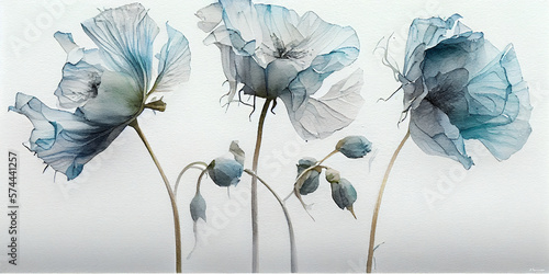 Watercolor Blue Poppies on Wide Design for Mugs. generative ai