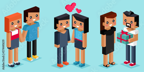 Pixel art couple in love staying together, vector illustration isolated pixelated people, man and woman lovers. Young loving romantic couple in relationship, romance, happy husband and wife set
