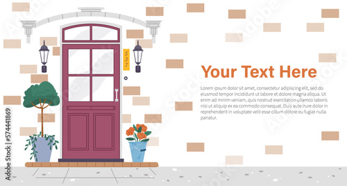 Facade door house exterior entrance. Front view from street. Closed home entry exterior with potted flower plants, lamp, number plate. Doorway facade. Entries to apartments with green decoration