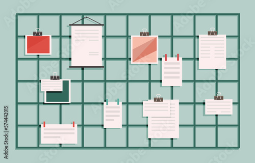 Memo grid board, wall organization with blank paper sheets for messages and notes pinned with clips. Modern office decor, workplace organizer, text notes reminders message important announcement